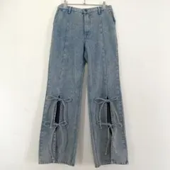 デニム　ワイドレッグパンツ　リボン　ライトブルー　L