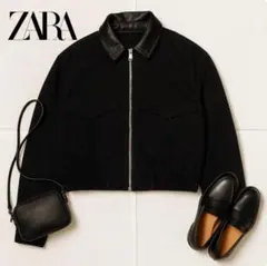 1802＠ ZARA フェイクレザー切替 ジップアップブルゾン ブラック
