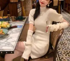 【値下げ】アイボリー パフスリーブ ニットワンピース