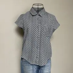 ギンガムチェック×小花柄　半袖シャツ【Ｌ】 フレンチスリーブ　ネイビー×ホワイト