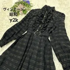ヴィンテージ 昭和レトロ 古着 ワンピース ベルト 金ボタン ブラック ゴールド
