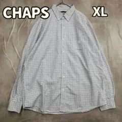 チャップス 長袖シャツ 白 青 XL チェック柄 綿混 ストレッチ【さ417】