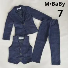 男の子 フォーマルスーツ3点　ジャケット ベスト チェック 紺 110 長ズボン