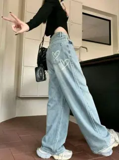 【XL】SHEIN ハートプリント ウォッシュ ワイドデニムパンツ ライトブルーのサムネイル