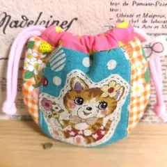 ハンドメイド まるいミニ巾着 (レトロなねこちゃん 花柄 りんご柄