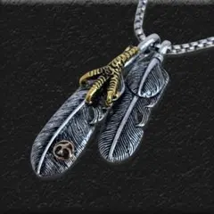ダブルフェザー ネックレス イーグル 金爪 約58cm メンズ ユニセックス