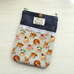 スマホショルダーバッグ　ハンドメイド デニム　動物柄　猫柄　サコッシュ