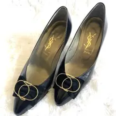 希少✨ YSL イヴサンローラン レザー ロゴ リボン 高級 パンプス 黒 35のサムネイル