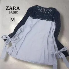 ザラ レース切替 ストライプ ブラウス M リボン袖 長袖 上品 透け感 シャツ