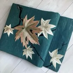 アンティーク名古屋帯　上質な刺繍　紅葉　抹茶グリーン　上質　正絹　N4-27