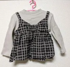 【90cm】リボンチェック レイヤード風長袖トップス