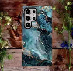 ターコイズブルー＆ゴールド 天然石風 スマホケース｜ 耐衝撃 ハードケース