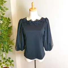 美品38⭐️エムズグレイシーM'S GRACY胸元リボンパフスリーブ黒カットソーのサムネイル