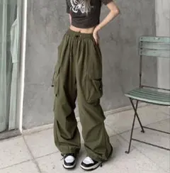 カーゴパンツ ワイドボトムス レディース 韓国 パンツ アーミーグリーン M