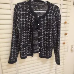 ネイビーとホワイトのツイードカーディガン Lサイズ