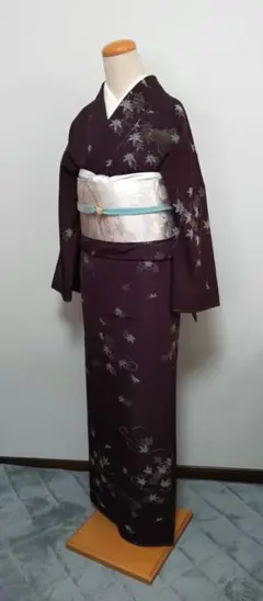 正絹　袷　上質小紋　小豆紫に紅葉柄　しつけつき