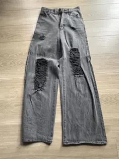 Chico ダメージ加工 グレー ワイドレッグデニム