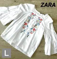 ZARA BASIC シャツ　ブラウス　刺繍　花柄　ビーズ　Ｌサイズ　七分袖