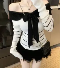 SHEIN 肩出しニットセーター ブラック＆ホワイト/M