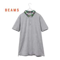 BEAMS洗練レイヤード ポロシャツ L グレー×緑チェック 襟袖切り替え 良好のサムネイル