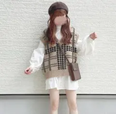 【Heather】チェック柄Vネックベスト×シャツ 2点セット 美品