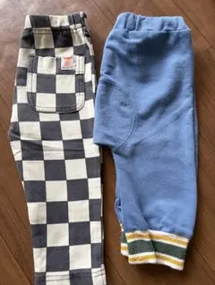 チェック柄と青のパンツセット