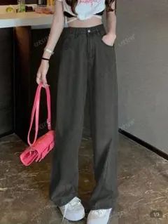 ダークグレー ワイドレッグデニムパンツ