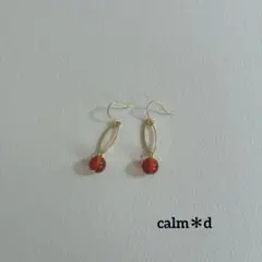 【512】天然石カーネリアン 楕円フープ ゴールド ピアス イヤリング