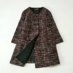 【美品】レリアン　ウールミックスツイードノーカラーコート　9