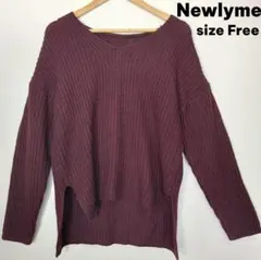 ニューリーミー Newlyme 畦編みVネックニット ボルドー ゆったりのサムネイル