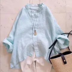 美品　マカフィー　リネンシャイニングハーフスリーブシャツ　ストライプ　グリーン