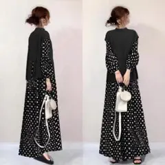 セットアップ　ドット柄　ポワン袖　ロングワンピース　重ね着　ベスト　モノトーン