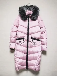 美品　HULILONG　フード付中綿入ロングコート　ジップデザイン　ピンク
