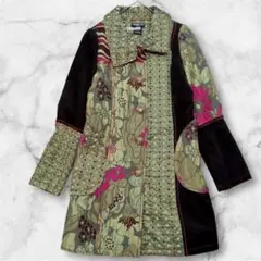 【美品】NESLAY 派手 花柄 切り替え 異素材 ロング コート アウター