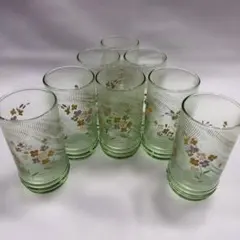 花柄 緑色 ガラスコップ 8個セット 昭和レトロ グラスグリーン 希少品