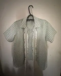 merry jenny グリーン ギンガムフリルボウタイブラウス