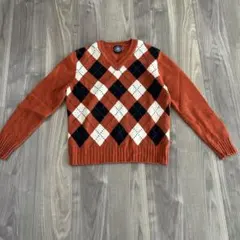 アーガイル柄 Vネック ニット M オレンジ 古着 セーター ヴィンテージ