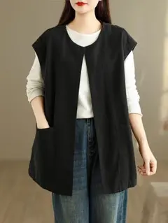 大きなポケットI 袖なし ベスト 着痩せ アウター 無地＆シンプル 気質満点