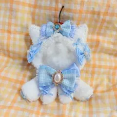 ②おすわりぬい服　着ぐるみ　ツイード　猫　水色　さくらんぼ　10〜12cm