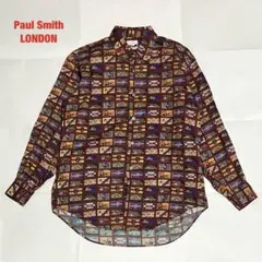 【人気】Paul Smith LONDON　総柄シャツ　ラベル柄　80s　90s