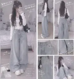 ダメージ加工 ワイドデニムパンツ ライトブルー