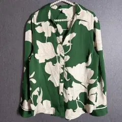 H&M ボタニカル柄長袖シャツ グリーン 花柄 フロントボタン S アロハ