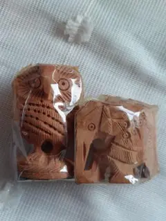 木製フクロウとゾウの彫刻セット