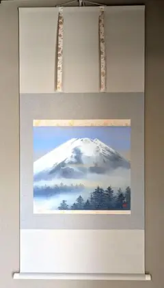 【真筆】掛け軸　富士之山◆長島博山　金泥使用 太巻仕様 共箱・タトウ箱付 真筆】掛け軸 富士之山◇長島博山 金泥使用 太巻仕様 共箱