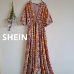 シーイン 半袖ワンピース【S】エキゾチック柄 Vネック 胸下ゴム ロング丈 総柄