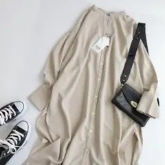 新品｜アダムエロペ バンドカラー とろみシャツワンピース ベージュ 羽織り