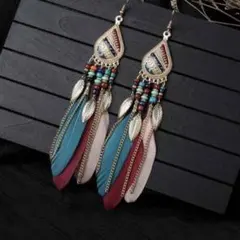 【10】3色の羽 ボヘミアン ピアス インポート