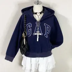 y2k GAP パーカー ロゴ キラキラ 光沢 平成ギャル フリース ネイビー