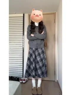 グレー チェック柄 プリーツスカート ひざ丈