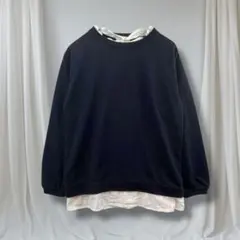 no jean 長袖カットソー ネイビー M レイヤード風 重ね着風 体型カバー